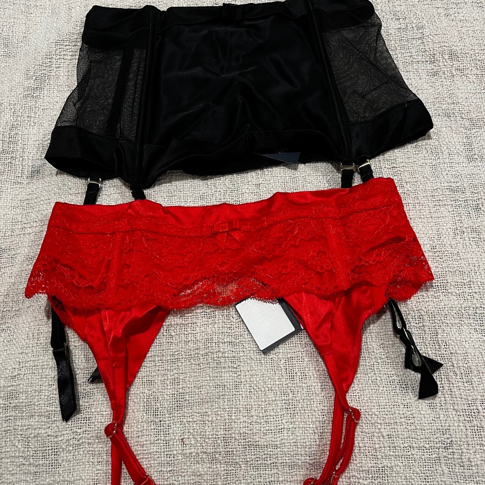 Myla London silk blend garter belt set in black and red